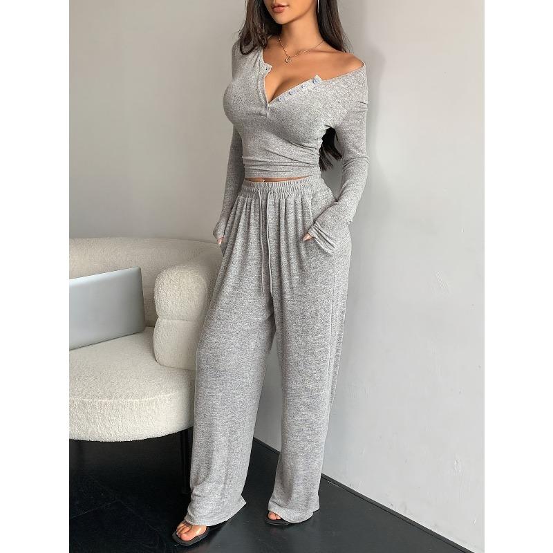 Fashion Women's Fashion Casual Solid Color Print Long Sleeve V Neck Pants Suits