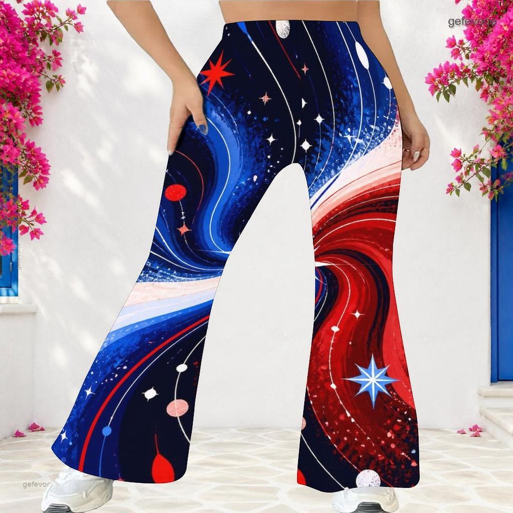 Women Plus Size High Waist Red Blue Star Printed Full Length Flared Pants