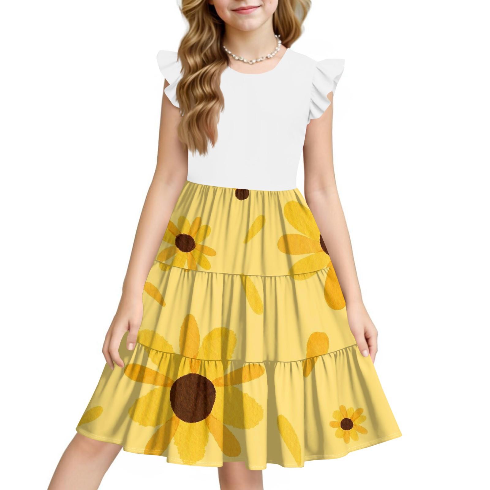 

Летнее детское платье для девочек с цветочным принтом, повседневное милое платье принцессы с круглым вырезом 130 жёлтый