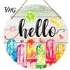 Coastal Style Wall Hanging Hello Summer Door Sign, Ice Pop Flip Flop Welcome Hanger, Decorative Plaque Farmhouse Wooden Wreath for Front Home