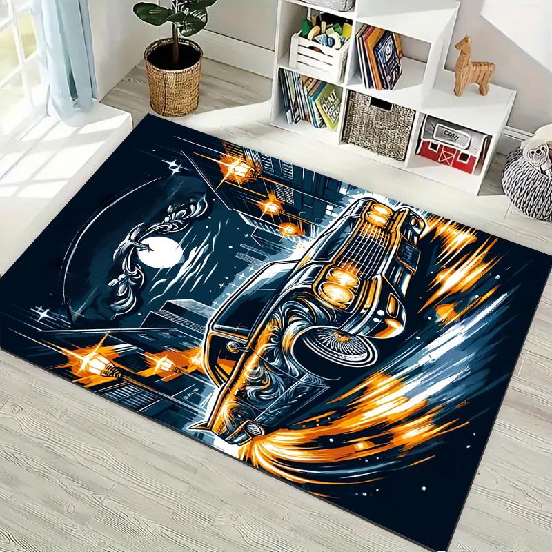 Night City Classic Lowrider Comic Print Area Rug Non‑Slip Rectangular Floor Mat Auto Art Decor for Gaming Bedroom Living Room