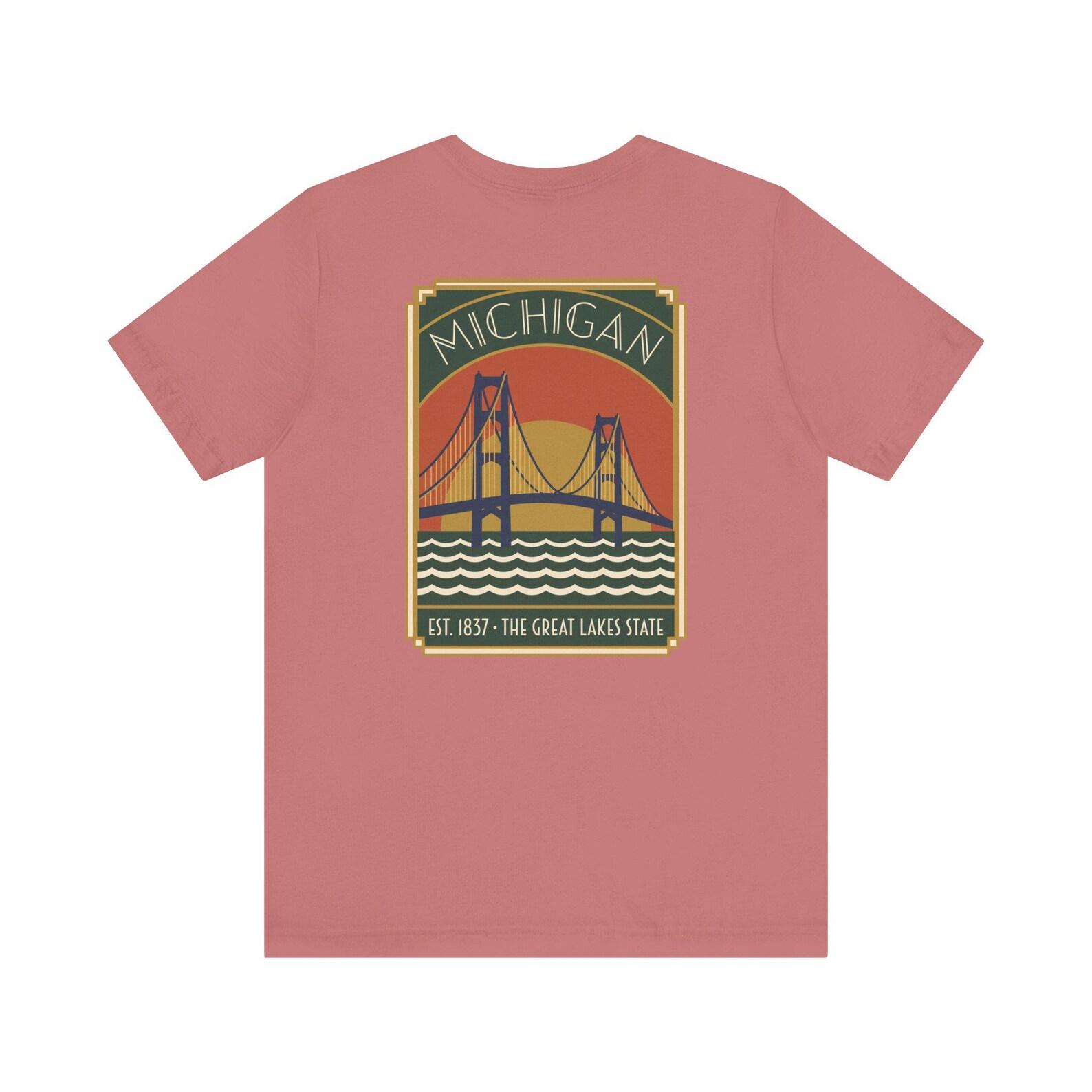 Michigan Bridge Art Deco T-Shirt | Retro Great Lakes State Graphic Tee | Michigan State Pride Gift L
