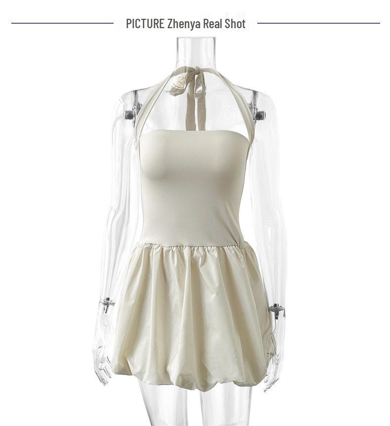 European & American Summer Pleated Backless Lace-up One-Shoulder Princess Dress