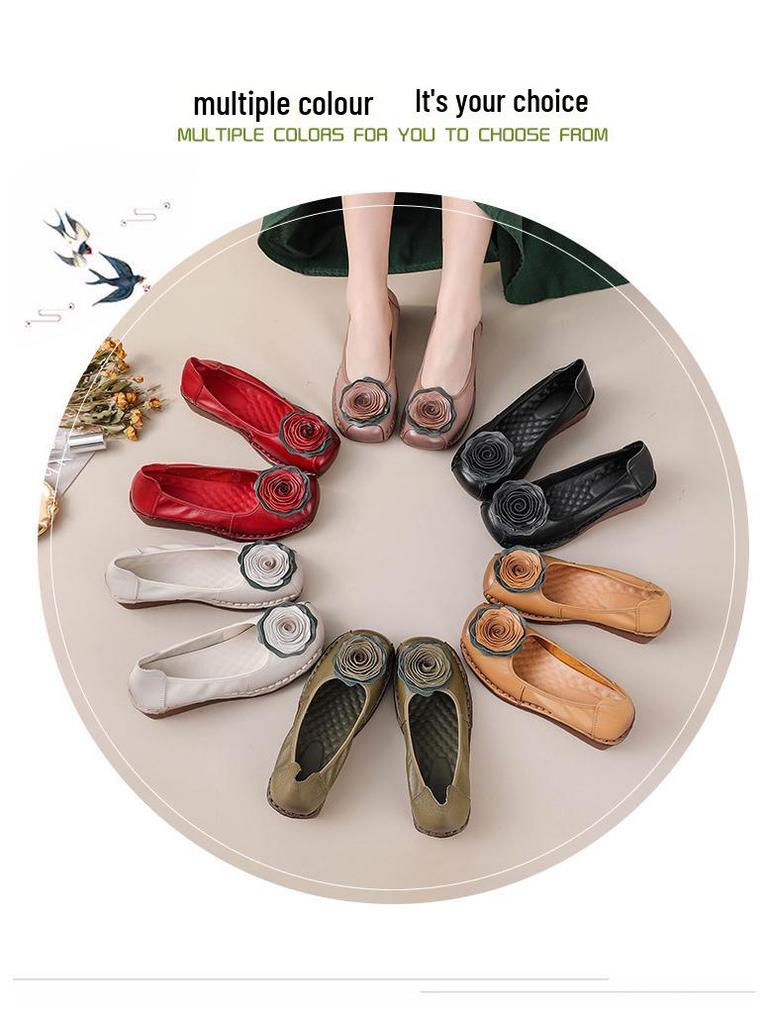 2025 Spring Handmade Genuine Leather Floral Moccasins for Women - Soft Sole, Shallow Mouth, Flat Bottom