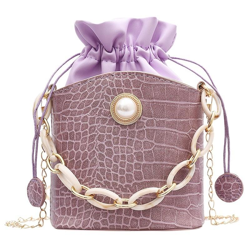 Damen PU Bucket Kette Kleine Messenger Handtaschen Kordelzug Schultertaschen