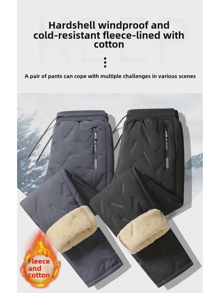 Men's Plus Velvet Waterproof Thick Warm Windproof Cotton Straight Pants - Large Size Casual Wear for Autumn and Winter.