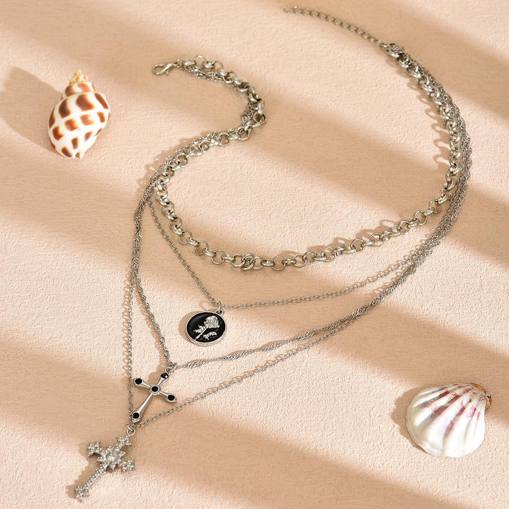 Cross Pendant Necklace For Women With Multi Layer Geometric Design And Zinc Alloy Material