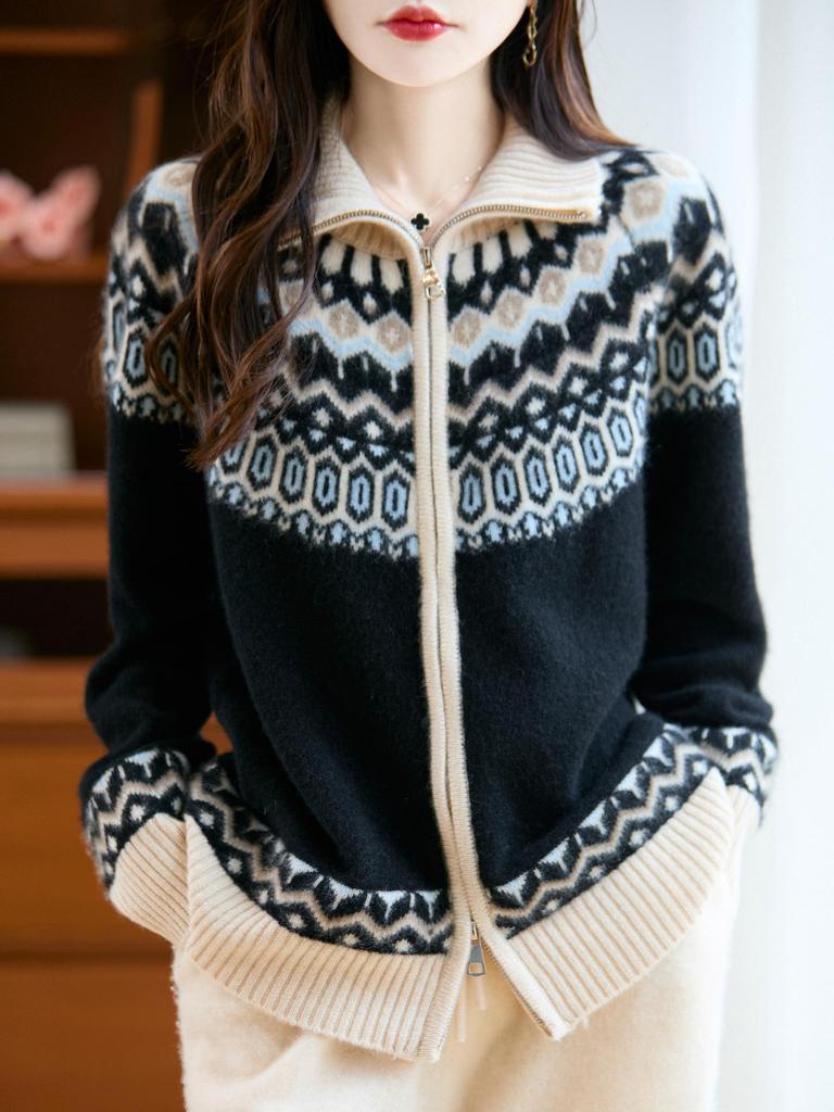 Women's Thickened Fair Isle Pure Wool Cardigan – Loose Knit Sweater Coat for Autumn & Winter
