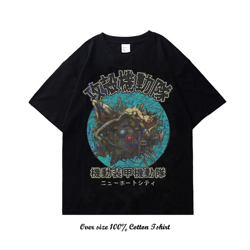 90s Anime Ghost In The Shell Pánské tričko Potisk Vintage Streetwear Hip Hop Oblečení Krátký rukáv Nadměrné Ležérní Bavlněné tričko