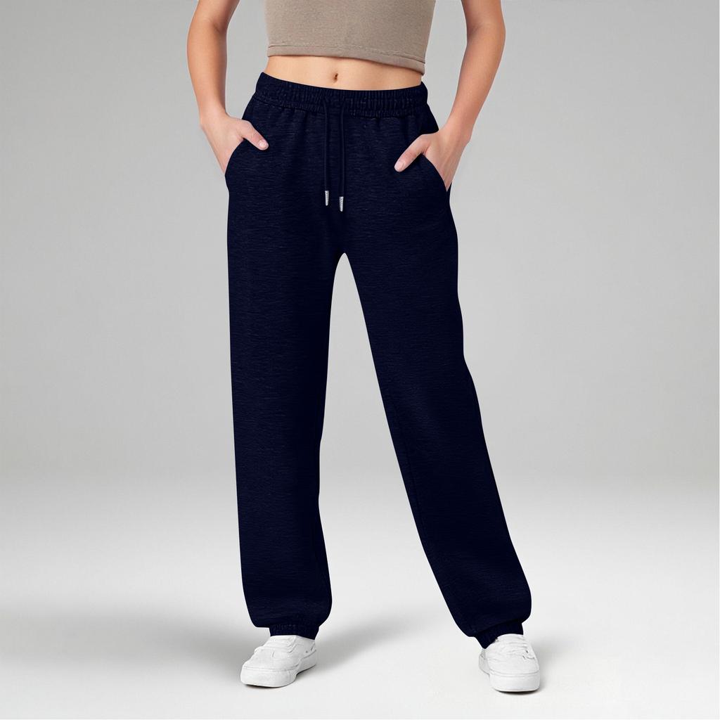 Women's Wide Leg Sports Pants Yoga Straight Mid-Rise Drawstring Elastic Low-Waist Clothing With Pockets