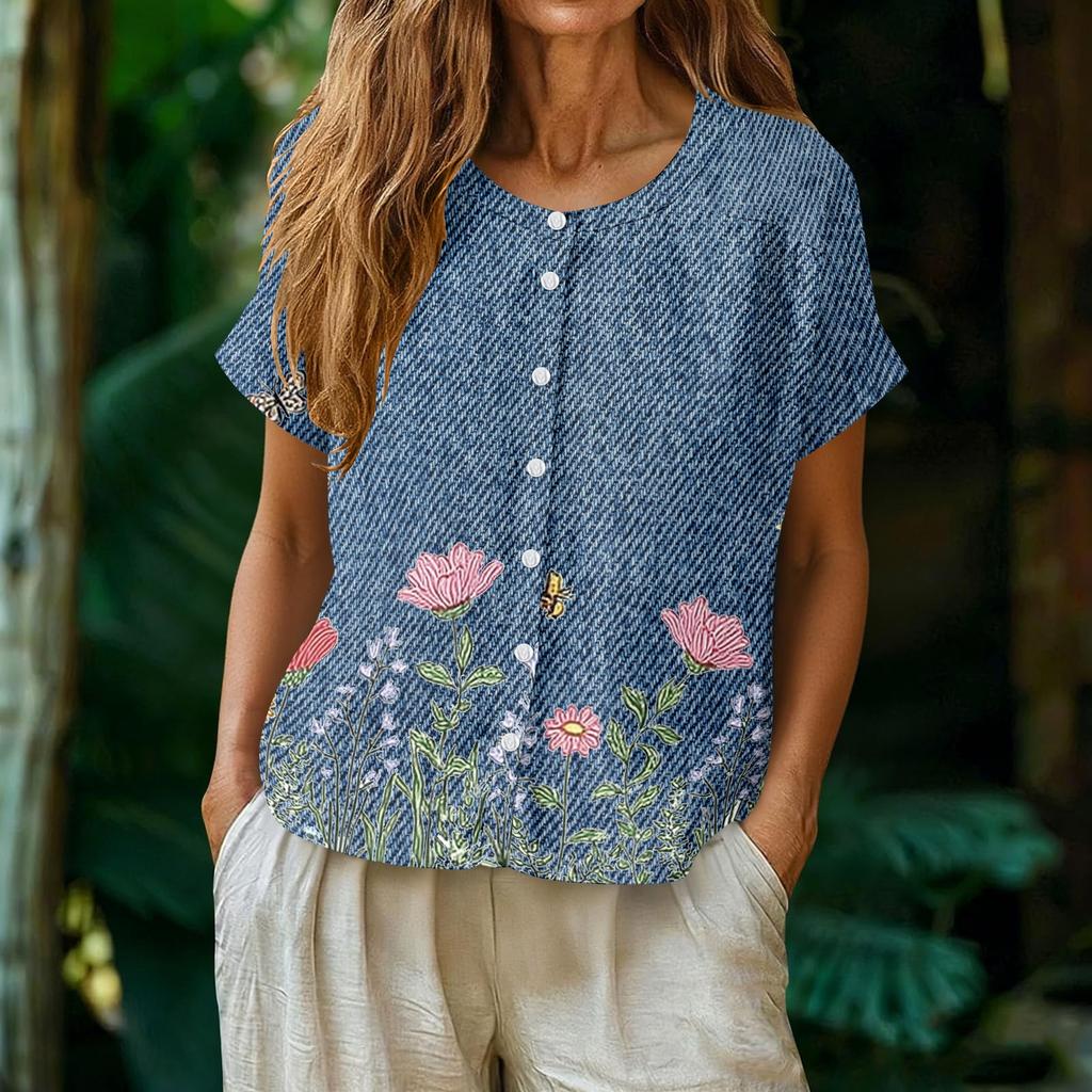 Women's Neck Floral Print Blouse with Single Button Placket