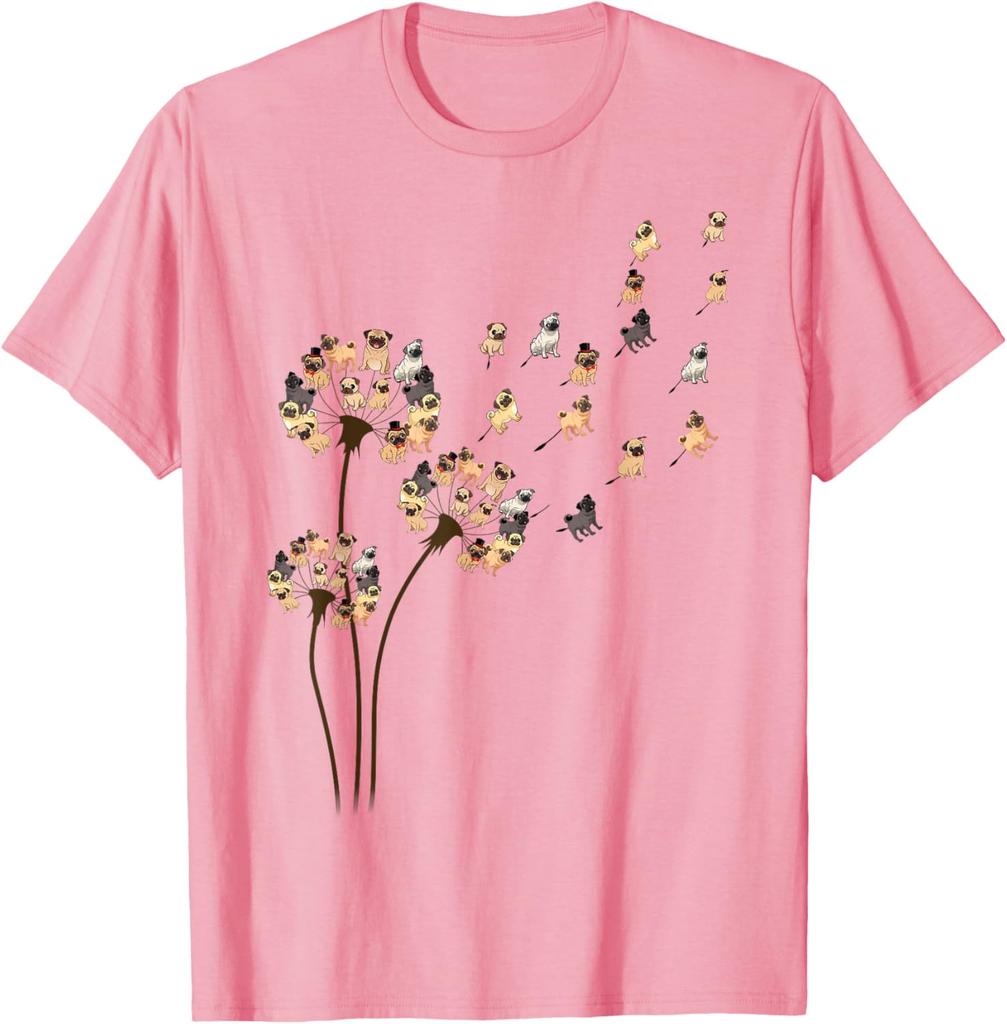 Pug Dandelion Blowing Away Funny Dog Lovers Graphic Tee Casual Cotton TShirt for Men Women