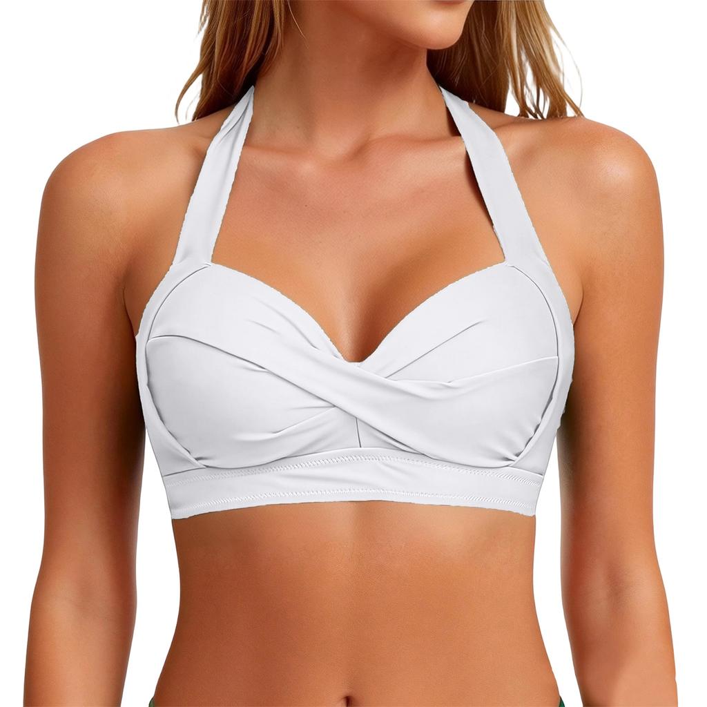 Women Neck Bikini Top Front Padded Swimwear Adjustable Back Strap Supportive Bathing Suit Top
