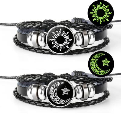 Luminous Sun and Moon Lovers Leather Bracelet - Vintage Punk Multilayer Beaded Design, Ideal Couple Gift