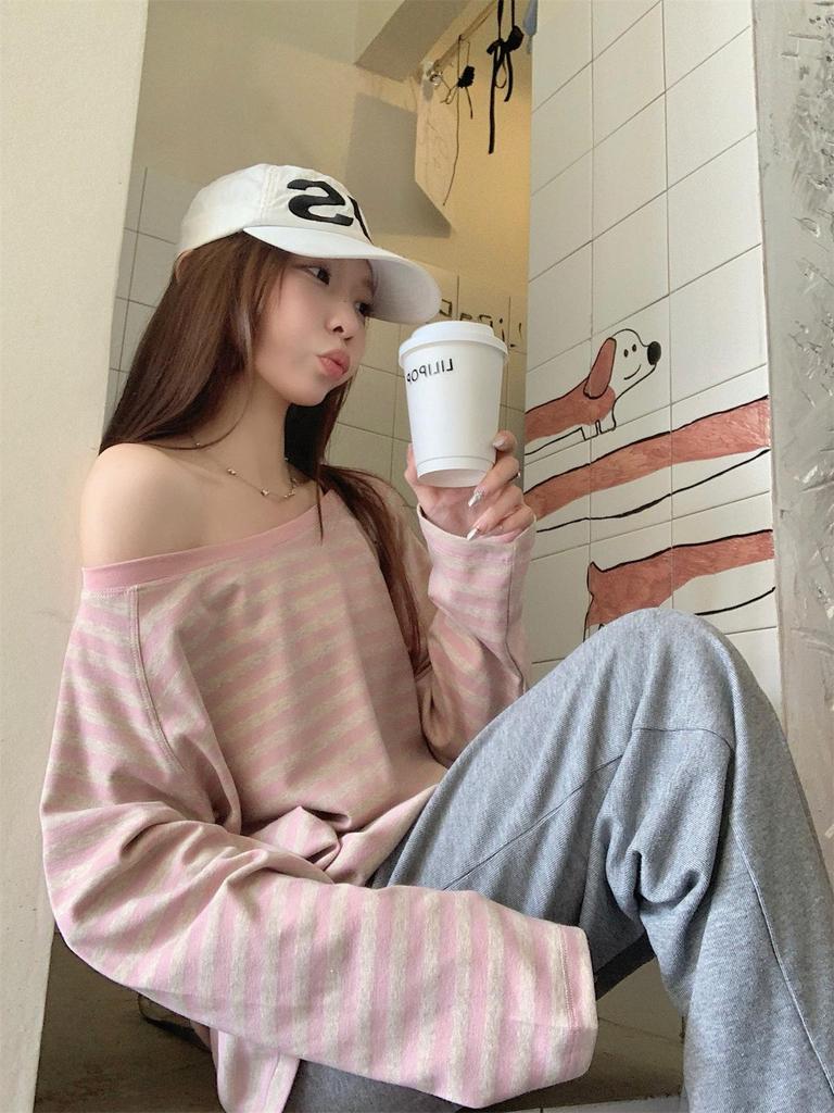 Early Autumn Korean Style Loose Striped Raglan Off-Shoulder Cotton Long Sleeve Women's Top