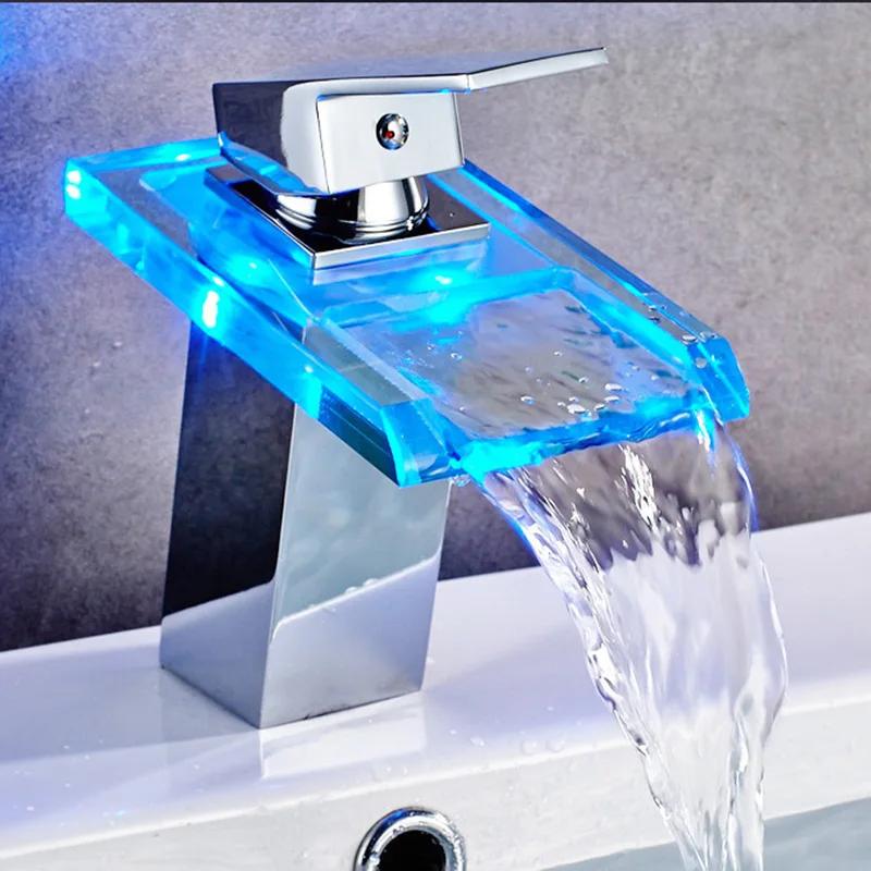 Basin Faucet Waterfall LED 3 Colors Glass Outlet Bathroom Battery Powered Basin Mixer Tap Chrome Deck Mounted Hot Cold Tap