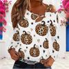 Women Plus Size Asymmetric Cutout Neck Cold Shoulder Long Sleeve Leopard Cherry Printed White Fitted Top