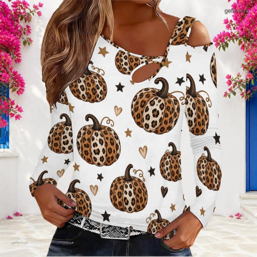 Women Plus Size Asymmetric Cutout Neck Cold Shoulder Long Sleeve Leopard Cherry Printed White Fitted Top