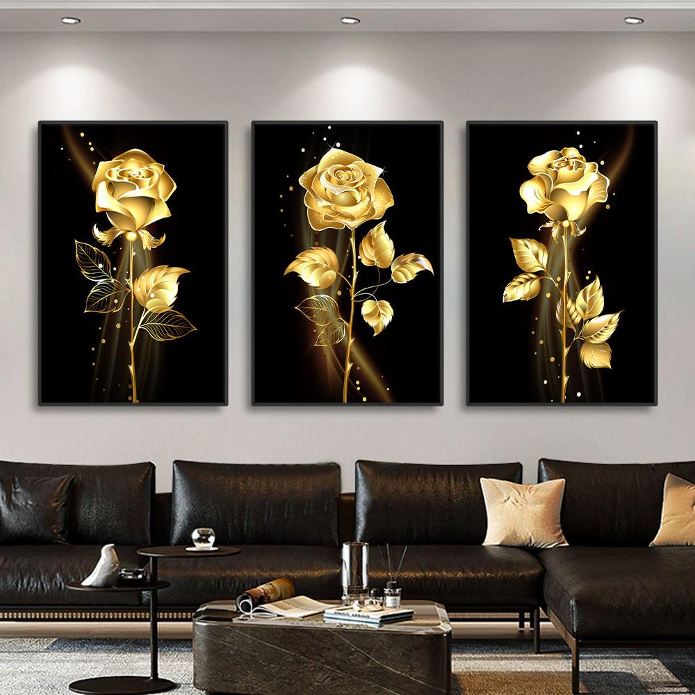 3 Stück Gold Rose Blume Schwarze Leinwandbilder Nordisch Modern Wohnzimmer Wandkunst Dekorative Bilder Wandkunst Poster Drucke