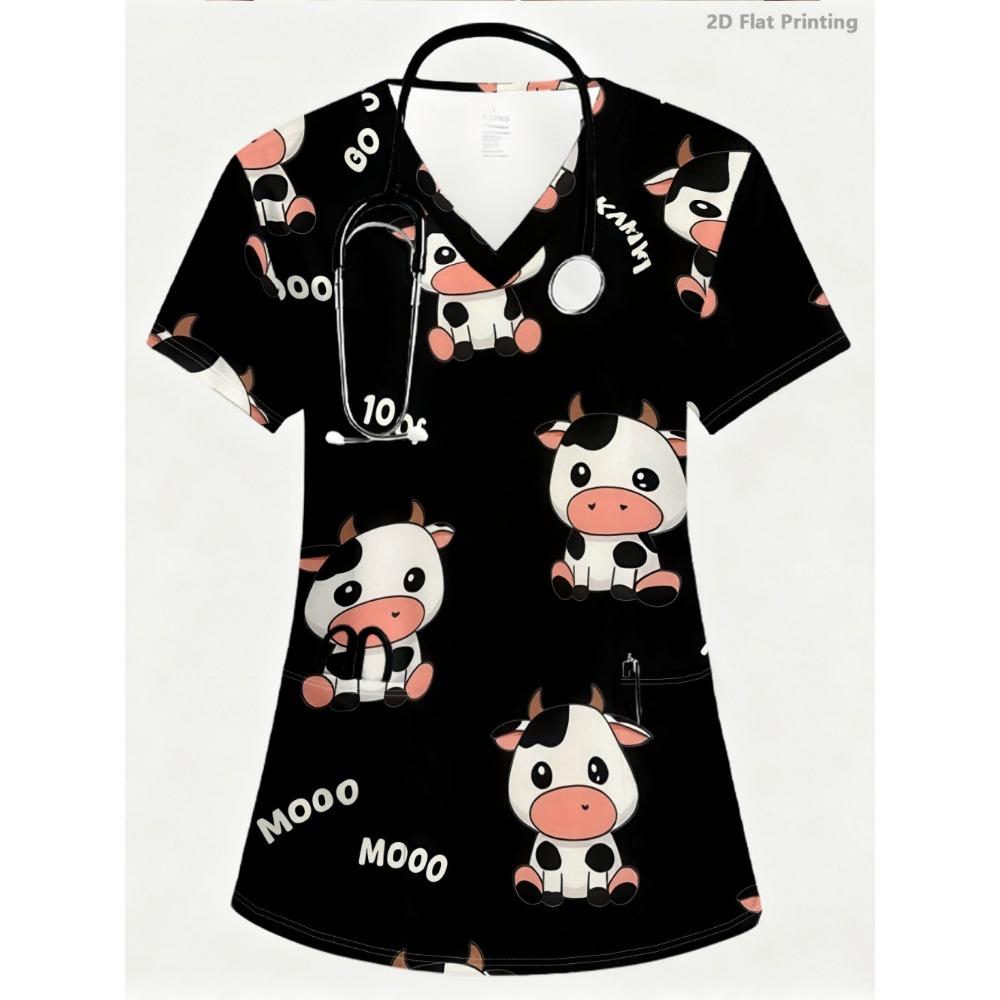 Casacca Medica da Donna Elegante Scollo a V Carini Motivi Animali Cartoni Animati Maniche Corte Comode con Tasche Casacca Donna