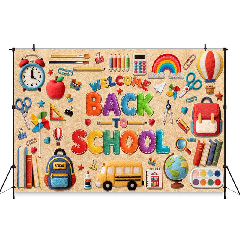 Mocsicka Welcome Back To School Backdrop Colorful Classroom Supplies Photography Background Kid Student Party Decor Photo Banner
