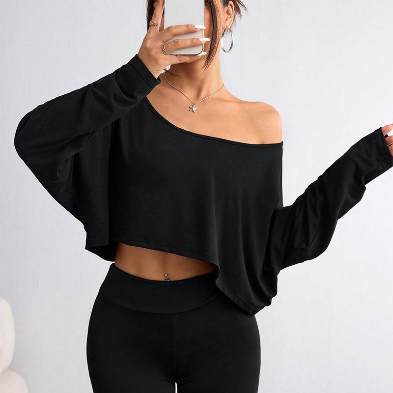 2025 Autumn New Style Off-shoulder Long-sleeved T-shirt Short Off-shoulder Loose Top for Women