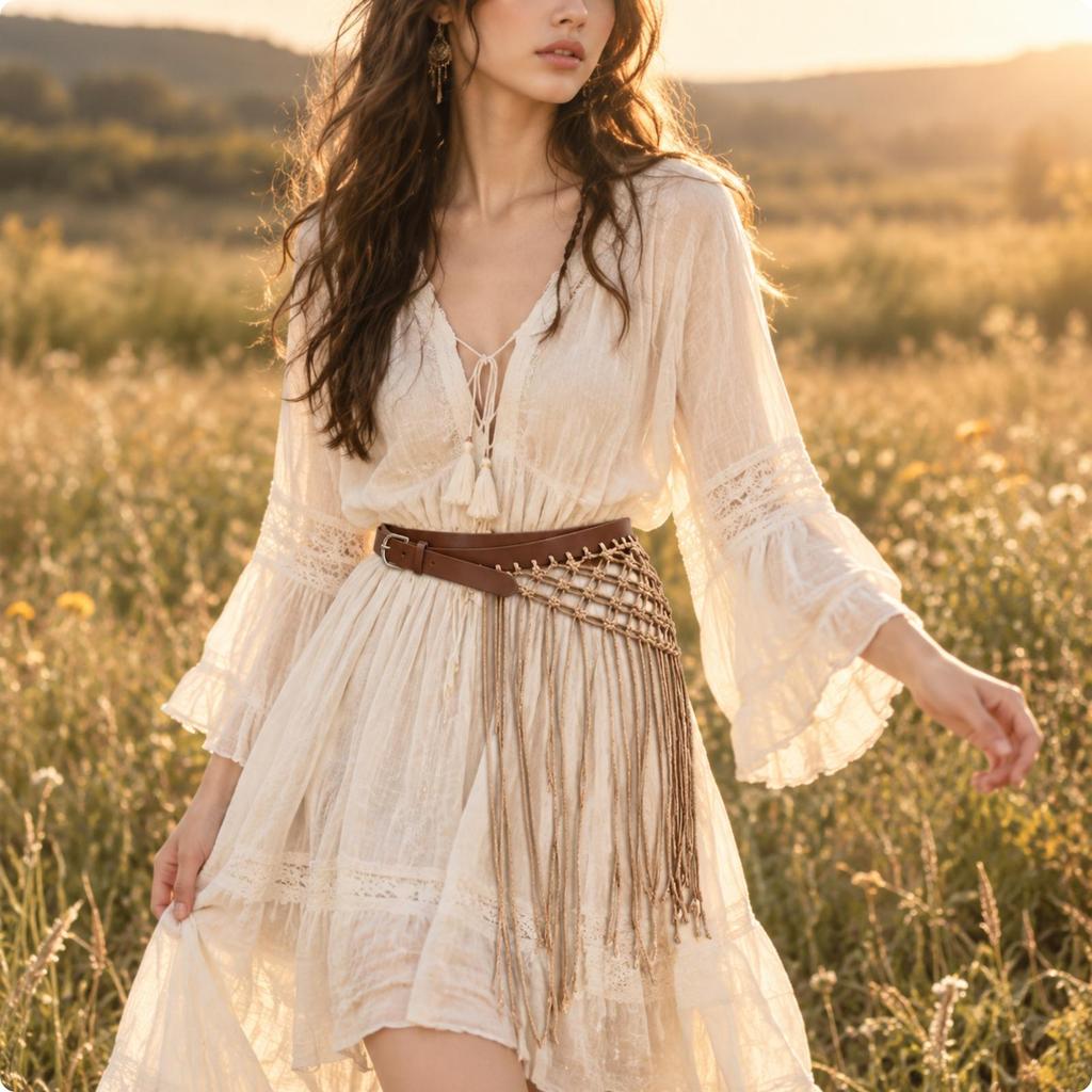 Braided Waist Belt with Fringe Tassels Adjustable Buckle Closure Fringed for