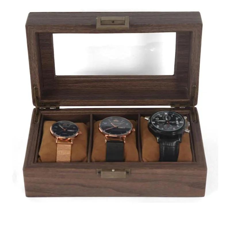 3 Slot Pu Wood Grain Leather Watch Box Organizer Watch Organizer With Glass Top