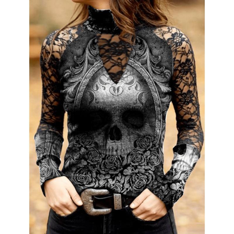 Women's Lace Turtleneck Skull Floral Print T-Shirt Gothic Long Sleeve Hollow Out Fashion Tops
