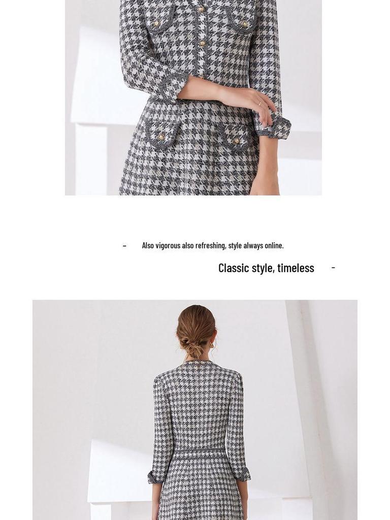 2025 Fall/Winter Retro European & American Houndstooth V-Neck Mid-Length Knitted Dress