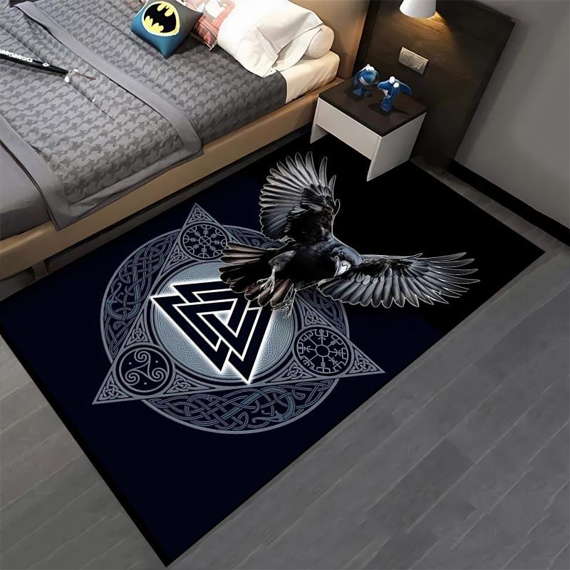 Nordic Raven Carpet with Valknut Symbol and Tribal Patterns Design Suitable for use as an anti-slip for living room bedroom sofas