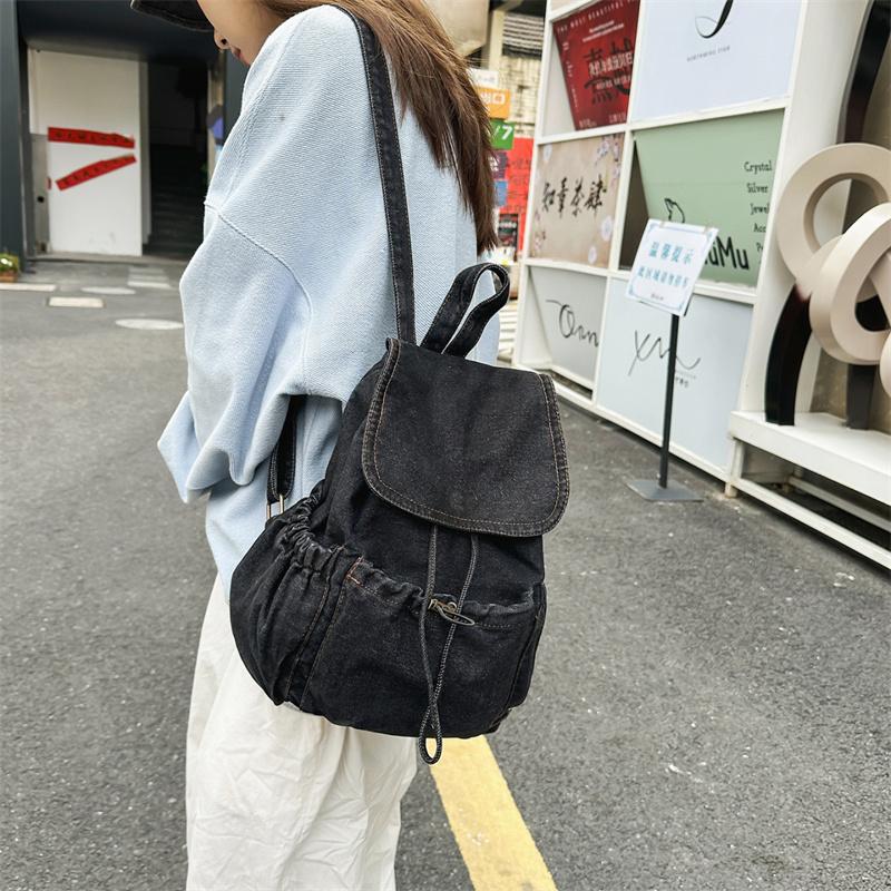 Denim Backpack Women's Travel Lightweight Drawstring Backpack