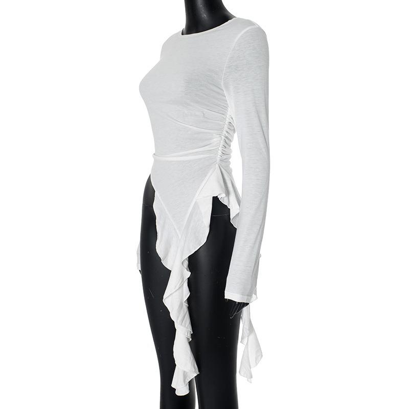 Damen Frühling und Sommer Neue Persönlichkeit Unregelmäßig Gestrickt Schlanke Damen T-Shirt Im Inneren Der Langen Ärmeln Bottoming Shirt