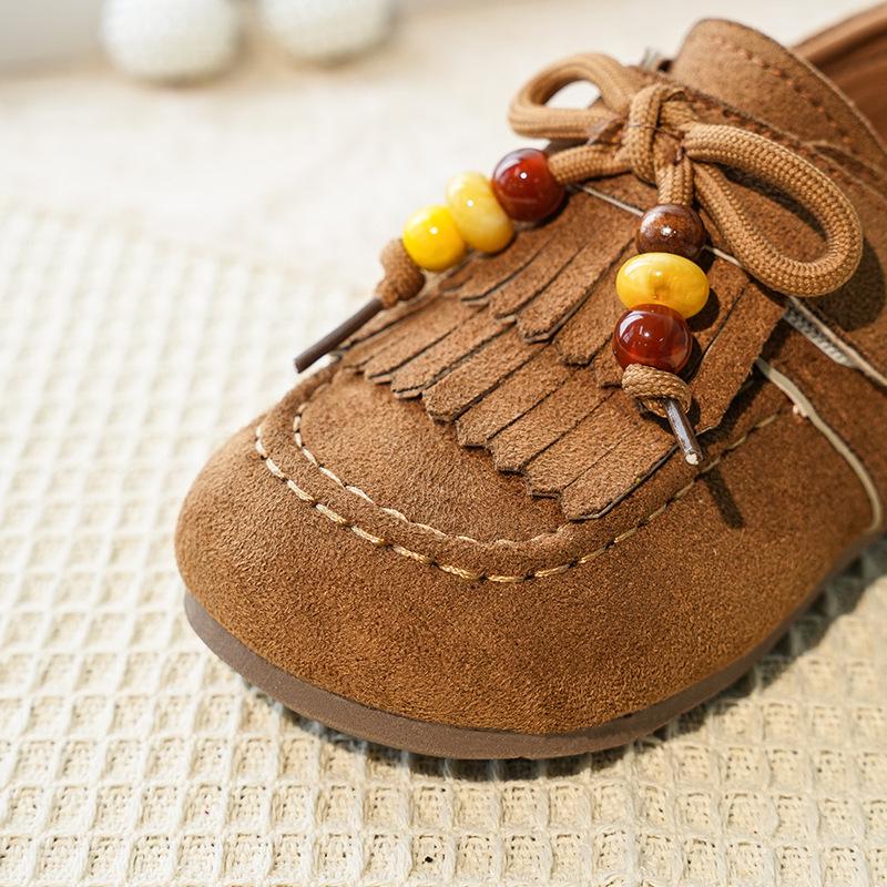 2026 Stilvolle Lederquasten-Prinzessinnenschuhe für kleine Mädchen - Frühling/Herbst Weiche Sohle Bohnenschuhe