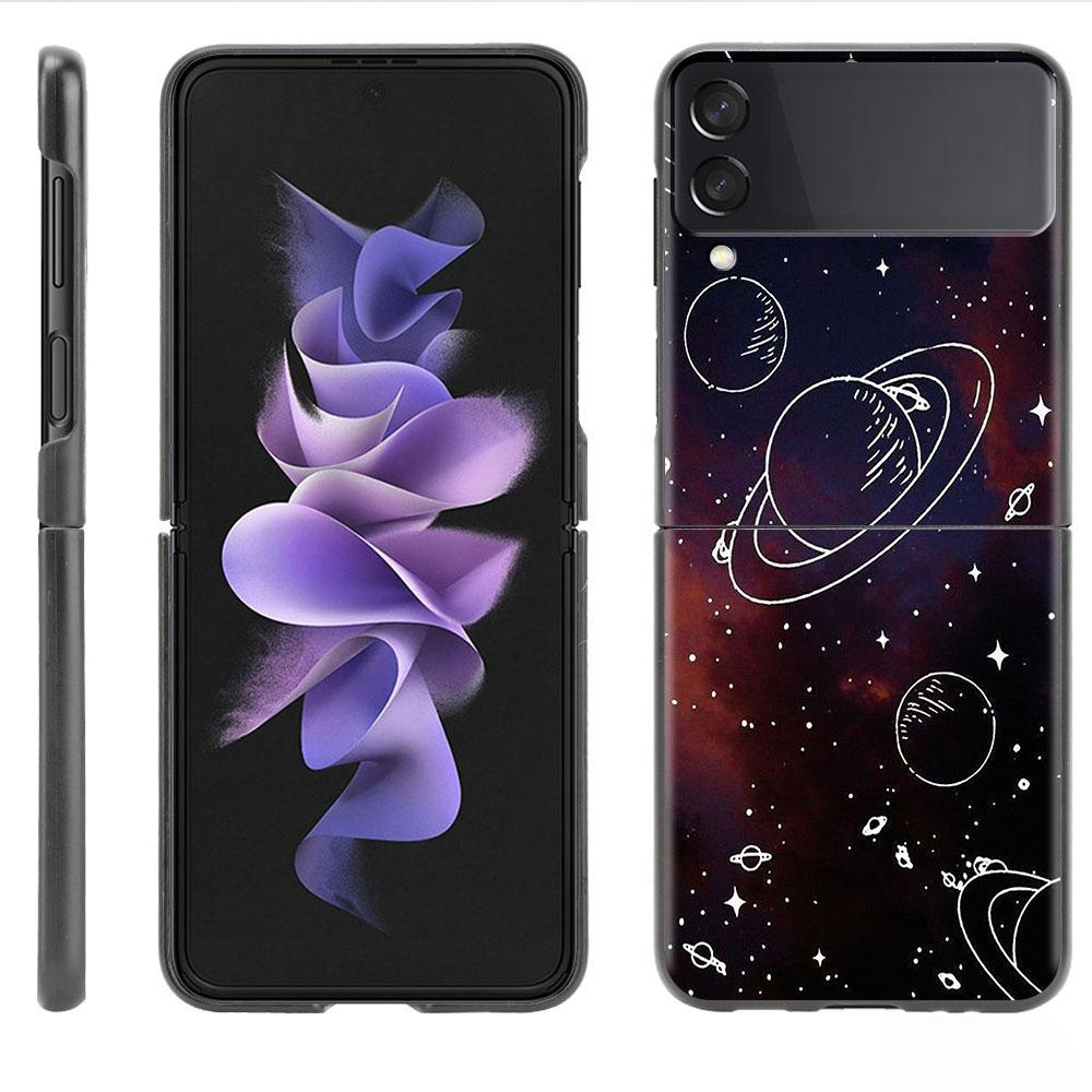 Case For Samsung Galaxy Z Flip 3 4 5G Black Hard PC Phone Housing Z Flip4 Luxury Segmented Cover Cosmic Planet