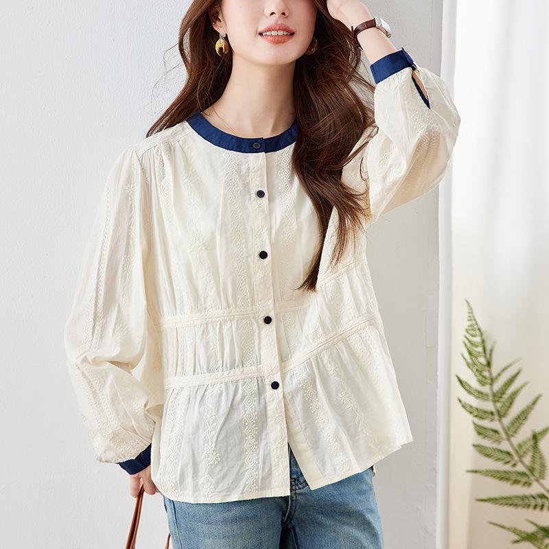 Crew Neck Shirt Women's Long Sleeves Spring and Summer New Apricot Embroidered Top Lotus Leaf Pendulum Women's Shirt