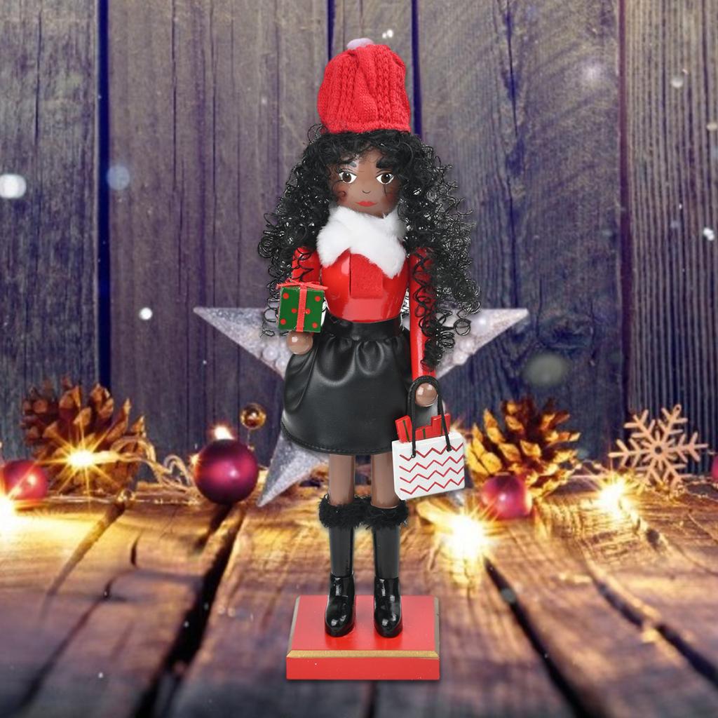 Christmas Shopping Lady Nutcrackers with Curly Hair Wood Figurine Decoration Ornament for Festival Home Tabletop Decors