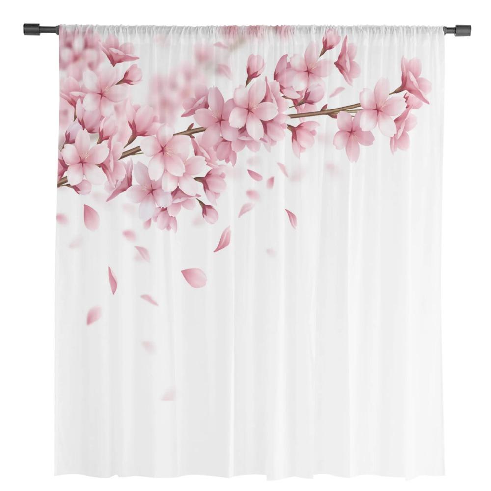 Rosa Blumen Kirschblüten Weiße Gardinen für Wohnzimmer Dekoration Fenster Vorhang Küche Tüll Voile Organza Vorhänge