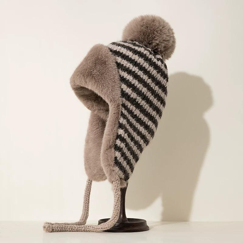 Hairball knitted hat women's winter velvet thickened ear protection hat striped cute warm cycling windproof wool hat