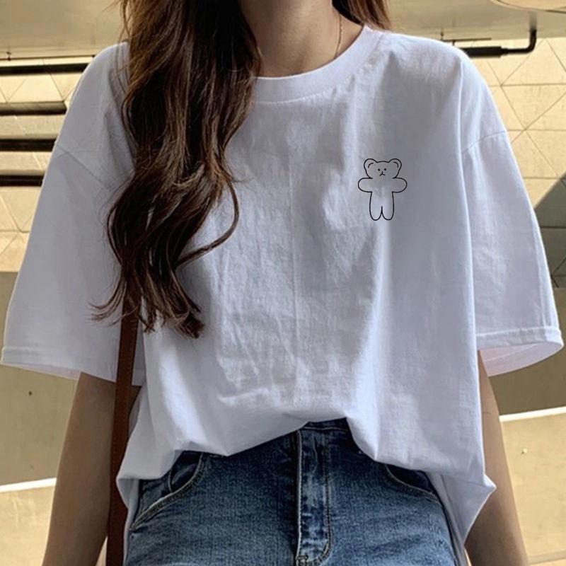 

Хлопковая футболка с коротким рукавом женская белая базовая футболка новая корейская версия студенческая свободная с принтом с длинным рукавом топ ins тренд S