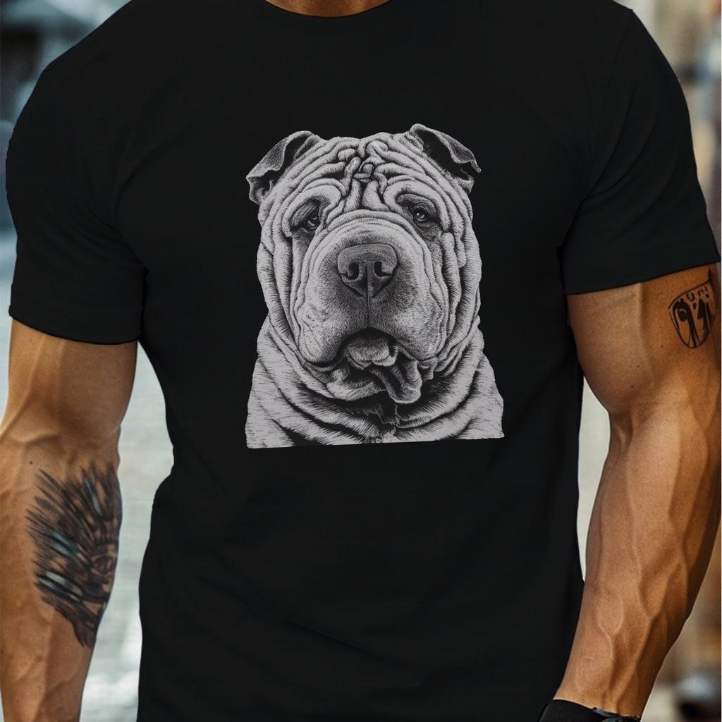 Shar Pei Dog Face Line Art Graphic Mens Cotton TShirt Breathable Casual Short Sleeve Tee