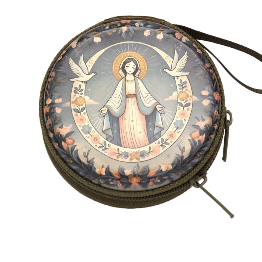 Virgin Mary Prayer Rosary Storage Bag Round Iron Artwork Religious Jewelry Box Cartoon Elegant Religious Articles Catholic Use