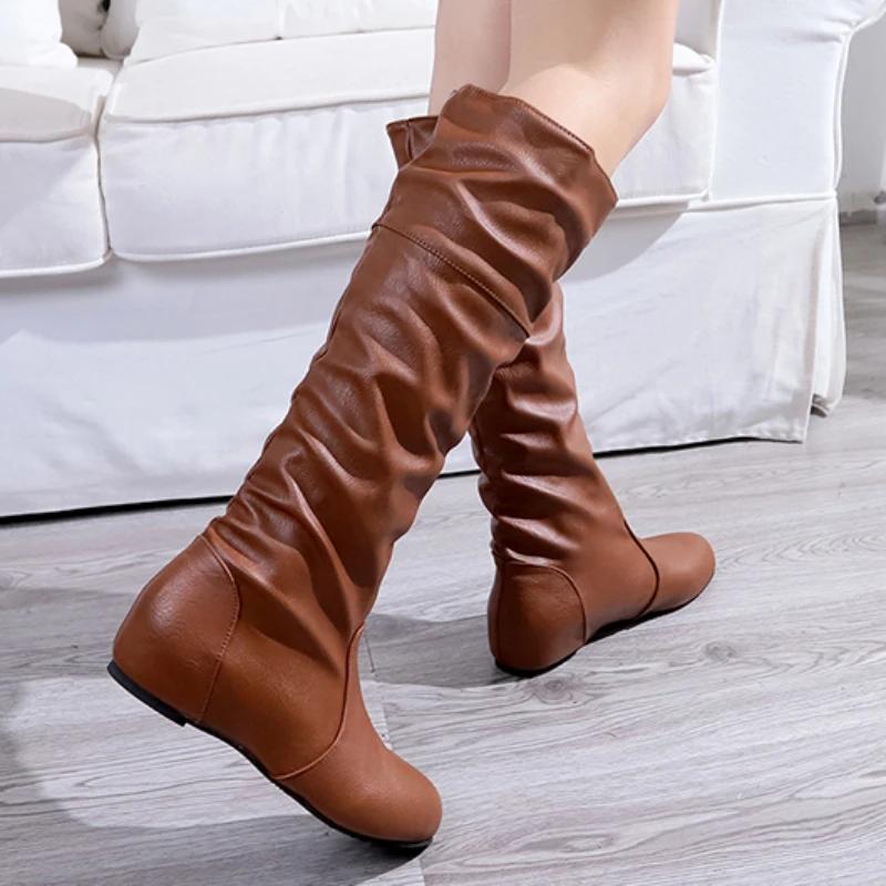 Autumn New Women's Thigh High Boots Fashion Plus Size Pionted Toe Wrinkle Flat Knee High Knight Boots for Women Botas De Mujer