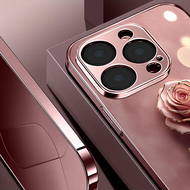 Cute Pink Rose Pattern Metallic Tempered Glass Phone Case For iPhone 17 Pro Max 16 15 14 13 12 11 Pro 15 Plus 17 Air 17E Cover