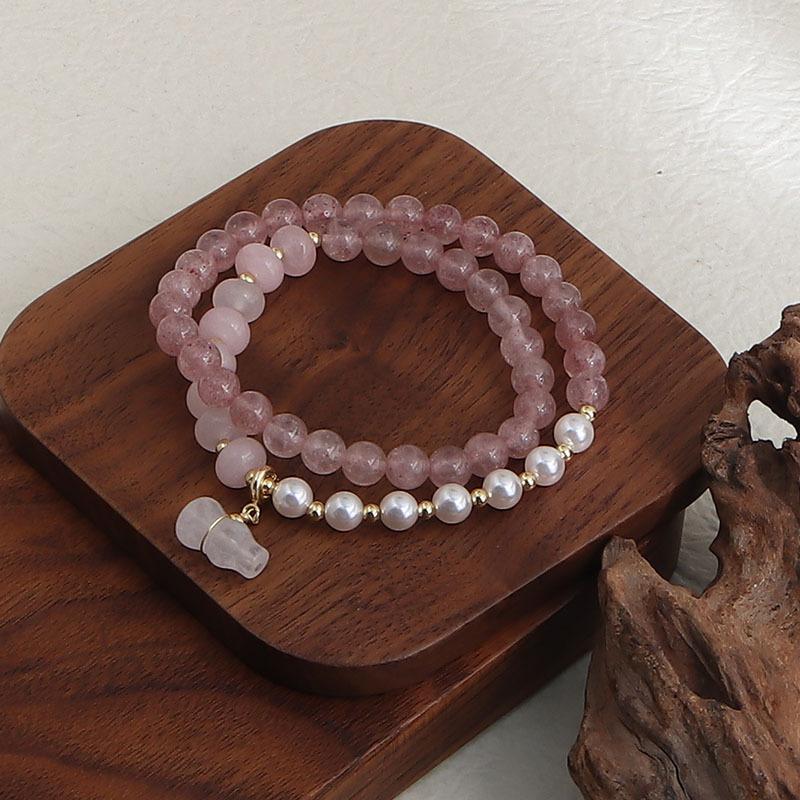 Natural powder crystal strawberry crystal double circle bracelet DIY handmade round beads wholesale natural crystal bracelet popular jewelry