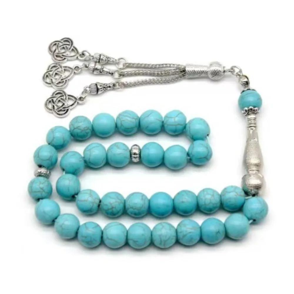 

Handcrafted Resin Beads with Turkey Turquoise Muslim Prayer Beads Hand Beading Tassels Islamic Worship Rosary Bracelet синій