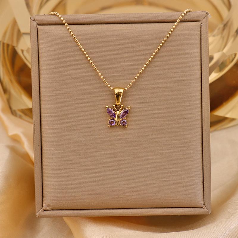 Retro Commuter Christmas Necklace: 18K Plated Titanium Steel with Zircon Inlaid Colorful Butterfly Pendant for Women