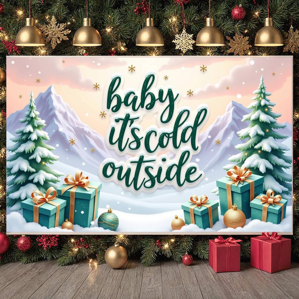 Cold Outside Banner Gift Box Winter Backdrop Christmas Backdrop Green Lettering Xmas Banner For Holiday Celebration Christmas