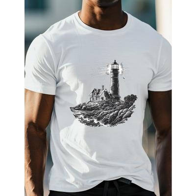 Casual T-shirt met Korte Mouwen voor Mannen met Grotere Maten, Met een Monochrome Vuurtoren Grafisch, Perfect voor Zomerkleding En Dagelijkse Activiteiten