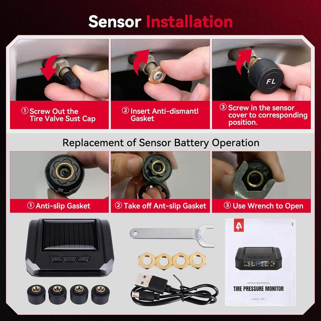 Andeman RV Tire Pressure Monitoring System, Tire Pressure Monitor With Solar And USB Charger TPMS With 4 Sensors & 6 Alarm Modes Tire Temperature